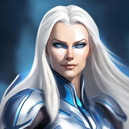 A detailed illustration of Commander Elara Voss, a statuesque and striking woman with icy blue eyes and long, platinum blonde hair