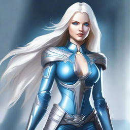 A detailed illustration of Commander Elara Voss, a statuesque and striking woman with icy blue eyes and long, platinum blonde hair