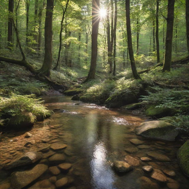 A peaceful scene of a crystal clear stream flowing through a deeply shaded forest, with sunlight peeking through the dense canopy.