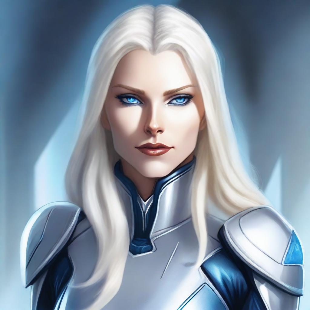 A detailed illustration of Commander Elara Voss, a statuesque and striking woman with icy blue eyes and long, platinum blonde hair