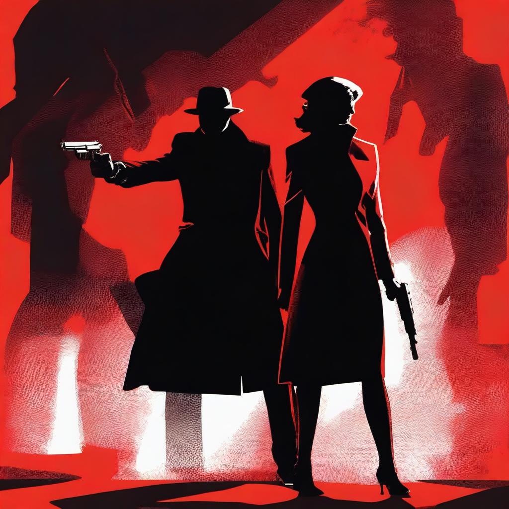 A dramatic scene featuring two people, a woman and a man, their shadows clearly visible