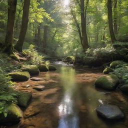 A peaceful scene of a crystal clear stream flowing through a deeply shaded forest, with sunlight peeking through the dense canopy.