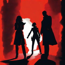 A dramatic scene featuring two people, a woman and a man, their shadows clearly visible