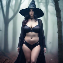 A close-up portrait of a busty witch in a misty forest, wearing skimpy robes that expose her thighs