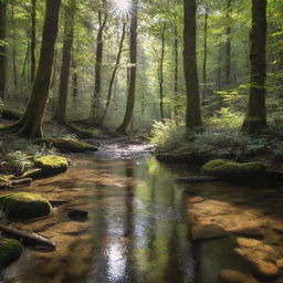 A peaceful scene of a crystal clear stream flowing through a deeply shaded forest, with sunlight peeking through the dense canopy.