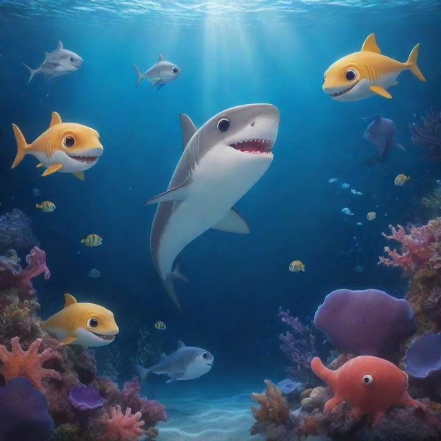 Underwater scene of a baby shark named Finley, deep in the Enchanted Abyss surrounded by the luminescent sea life. Accompanied by his friends, a clever octopus named Ollie and a graceful seahorse named Stella, overcoming various obstacles.