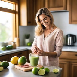 A fit white woman is in a cozy kitchen making a smoothie with oats and limes in a blender