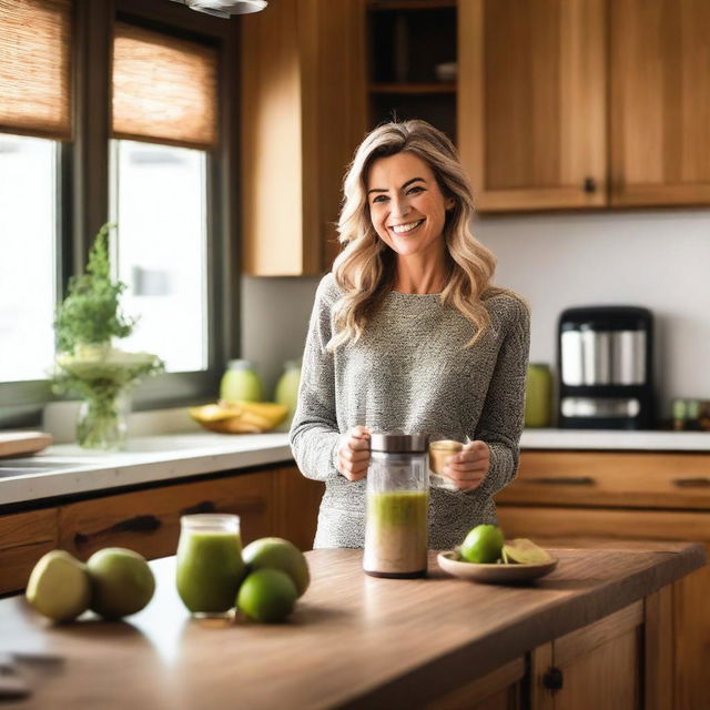 A fit white woman is in a cozy kitchen making a smoothie with oats and limes in a blender