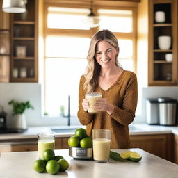 A fit white woman is in a cozy kitchen making a smoothie with oats and limes in a blender