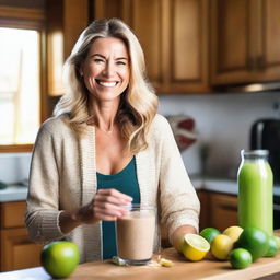 A fit white woman is in a cozy kitchen making a smoothie with oats and limes in a blender