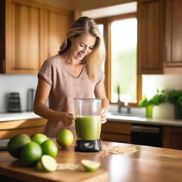 A fit young white woman in a cozy kitchen making a smoothie with oats in a blender