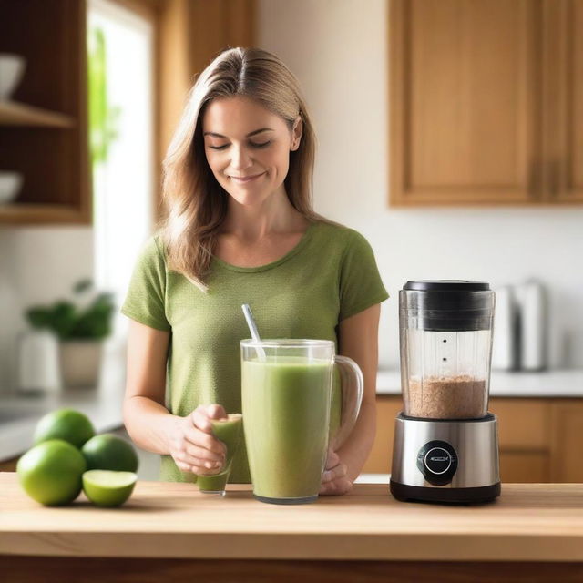 A fit young white woman in a cozy kitchen making a smoothie with oats in a blender