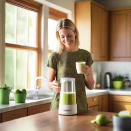 A fit young white woman in a cozy kitchen making a smoothie with oats in a blender