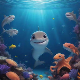 Underwater scene of a baby shark named Finley, deep in the Enchanted Abyss surrounded by the luminescent sea life. Accompanied by his friends, a clever octopus named Ollie and a graceful seahorse named Stella, overcoming various obstacles.