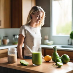 A fit young white woman in a cozy kitchen making a smoothie with oats in a blender