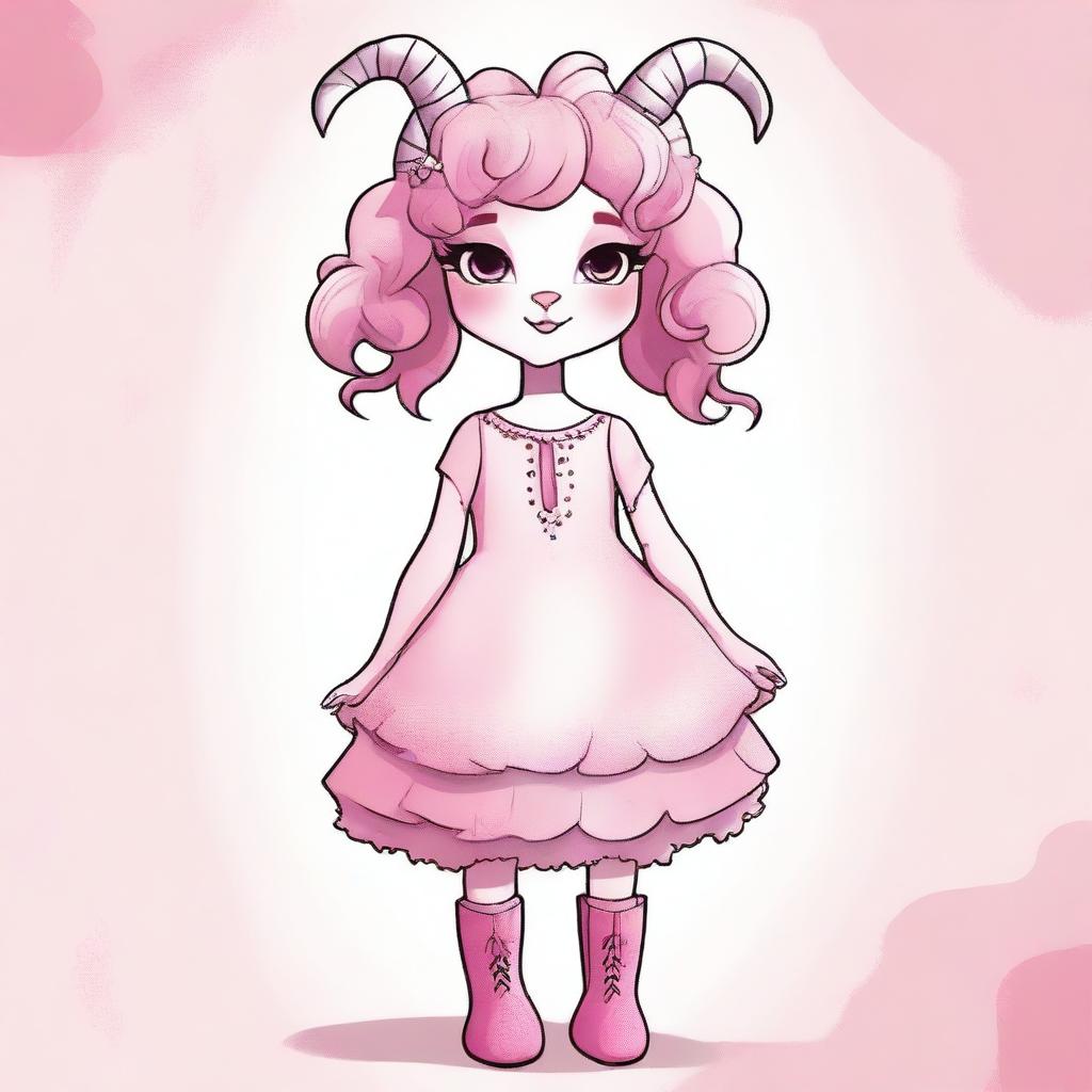 Create an image of a goat girl with pink hair and distinct eyebrows