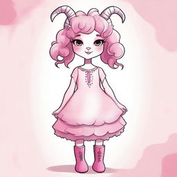 Create an image of a goat girl with pink hair and distinct eyebrows