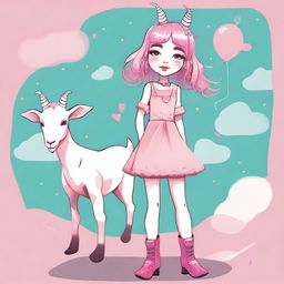 Create an image of a goat girl with pink hair and distinct eyebrows