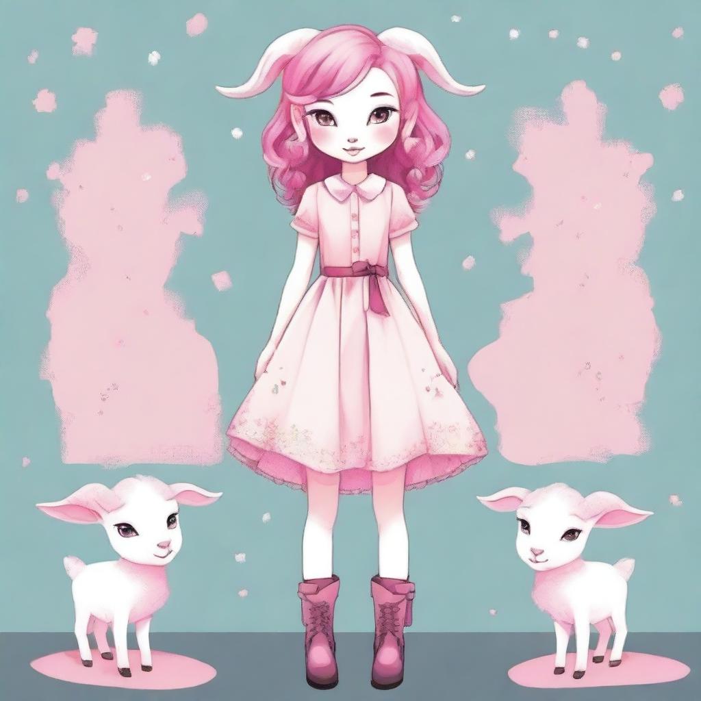 Create an image of a goat girl with pink hair and distinct eyebrows