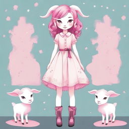 Create an image of a goat girl with pink hair and distinct eyebrows