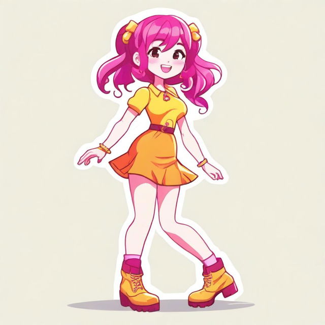 A character with hot pink hair, blushing cheeks, wearing a yellow dress over orange pants and maroon boots