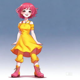 A character with hot pink hair, blushing cheeks, wearing a yellow dress over orange pants and maroon boots