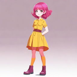 A character with hot pink hair, blushing cheeks, wearing a yellow dress over orange pants and maroon boots