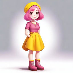 A character with hot pink hair, blushing cheeks, wearing a yellow dress over orange pants and maroon boots