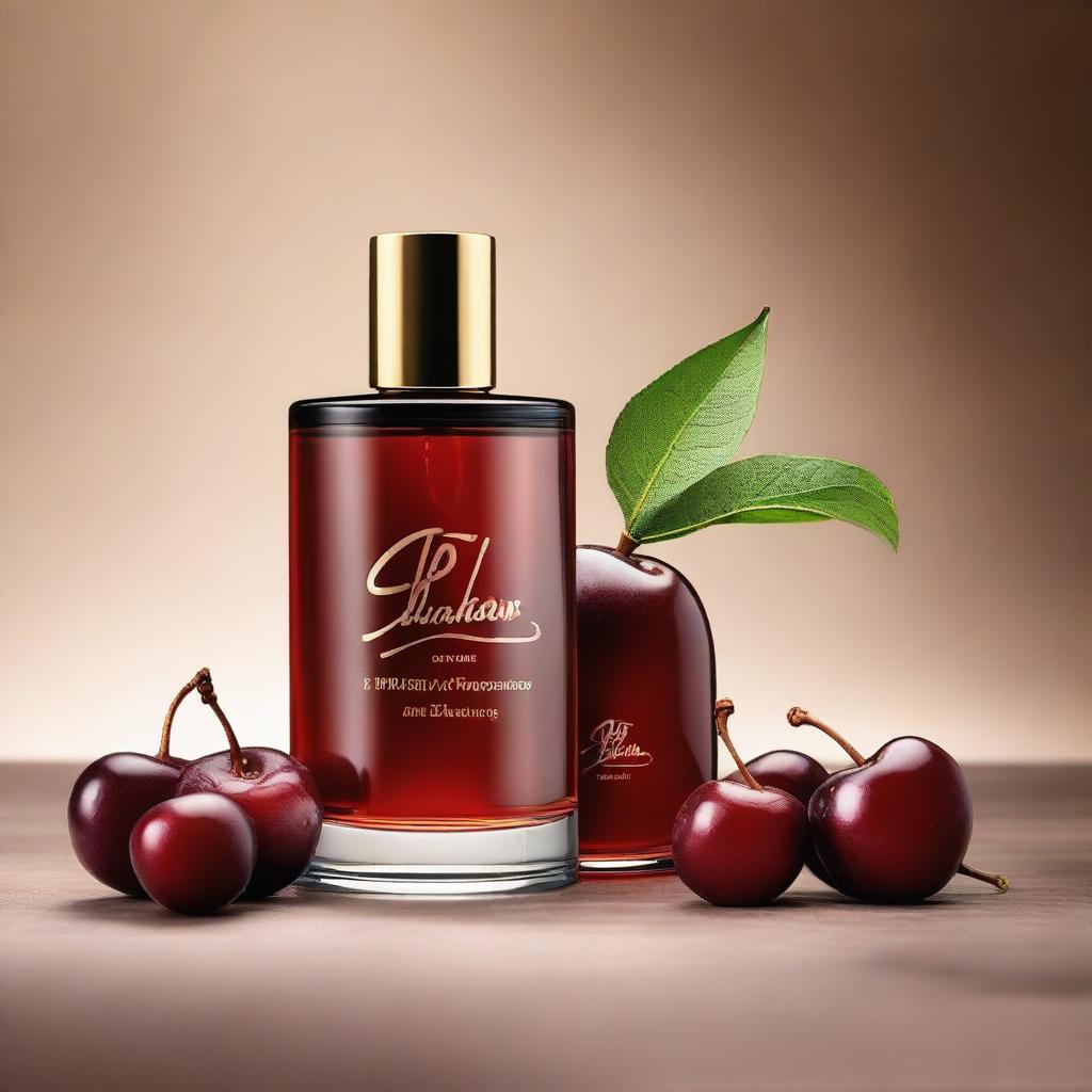 Create a creative and appealing image that combines the sophisticated aroma of ripe cherries with subtle notes of tobacco