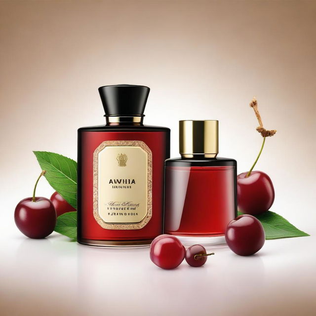 Create a creative and appealing image that combines the sophisticated aroma of ripe cherries with subtle notes of tobacco