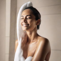 Create an engaging image showcasing the benefits of our shower foam on a model