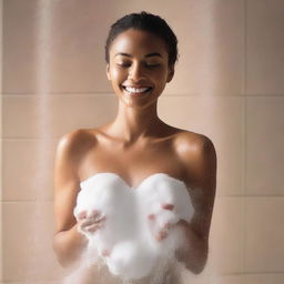 Create an engaging image showcasing the benefits of our shower foam on a model