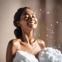 Create an engaging image showcasing the benefits of our shower foam on a model