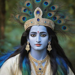 A stunningly majestic image of Lord Krishna with long hair, adorning a hat embellished with peacock feathers, standing against a serene background.