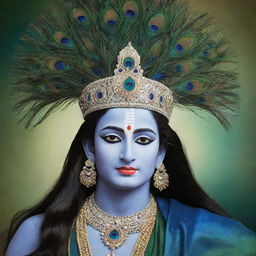 A stunningly majestic image of Lord Krishna with long hair, adorning a hat embellished with peacock feathers, standing against a serene background.