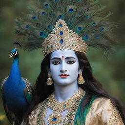 A stunningly majestic image of Lord Krishna with long hair, adorning a hat embellished with peacock feathers, standing against a serene background.