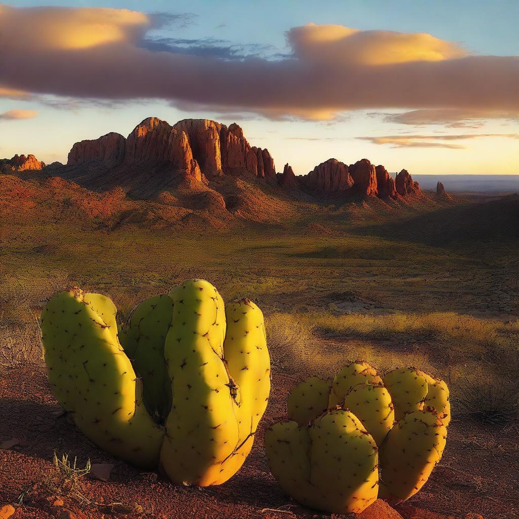 A dramatic landscape photo featuring red rock formations bathed in the golden hues of a setting sun