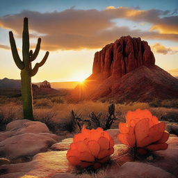 A dramatic landscape photo featuring red rock formations bathed in the golden hues of a setting sun