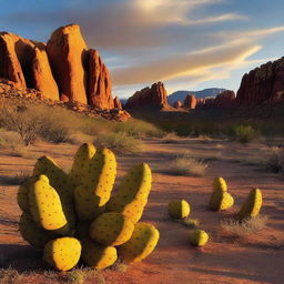 A dramatic landscape photo featuring red rock formations bathed in the golden hues of a setting sun