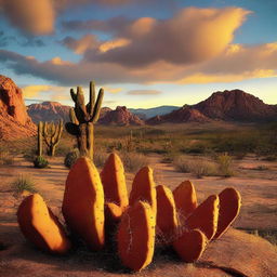 A dramatic landscape photo featuring red rock formations bathed in the golden hues of a setting sun