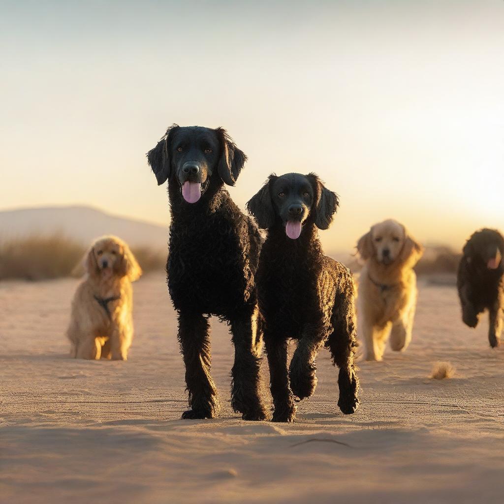 A desert scene at golden hour featuring various dogs in specific placements