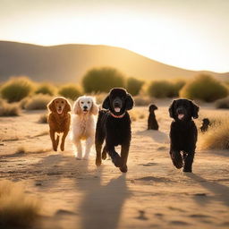 A desert scene at golden hour featuring various dogs in specific placements