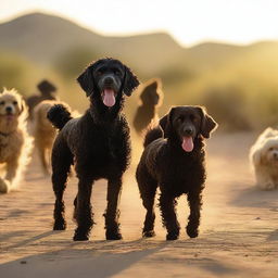 A desert scene at golden hour featuring various dogs in specific placements