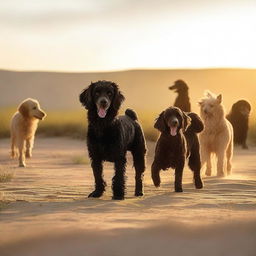 A desert scene at golden hour featuring various dogs in specific placements