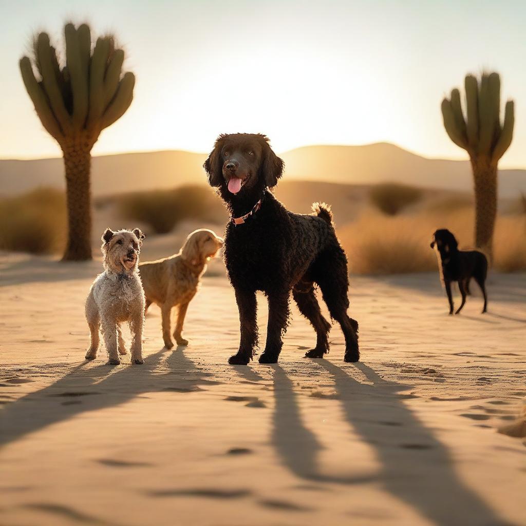 A desert scene at golden hour featuring various dogs in specific placements