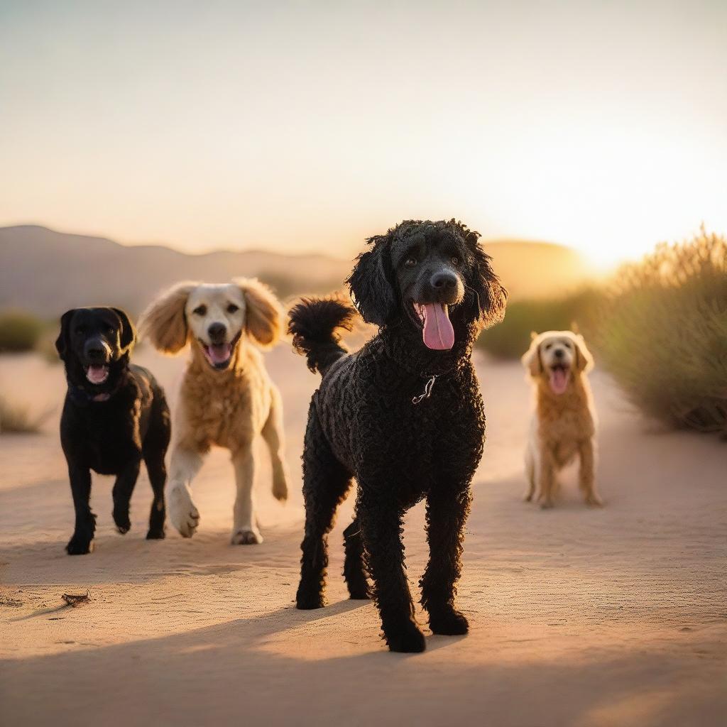 A desert scene at golden hour featuring various dogs in specific placements