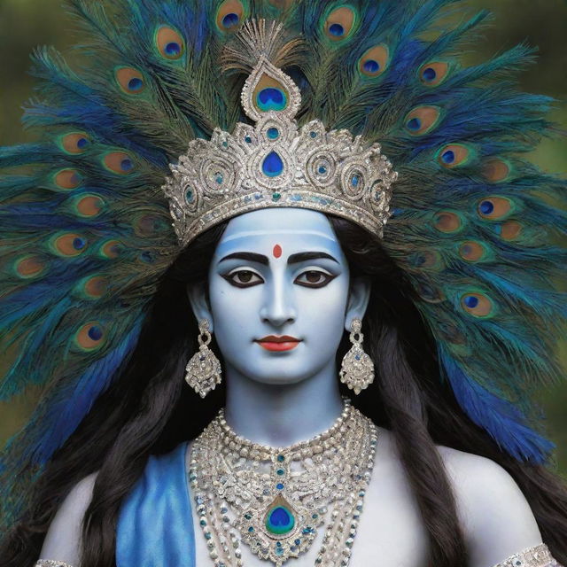 A stunningly majestic image of Lord Krishna with long hair, adorning a hat embellished with peacock feathers, standing against a serene background.