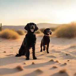 A desert scene at golden hour featuring various dogs in specific placements