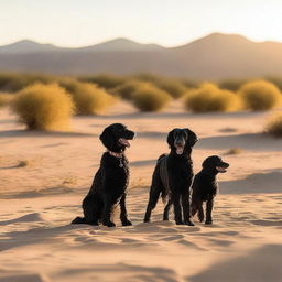 A desert scene at golden hour featuring various dogs in specific placements