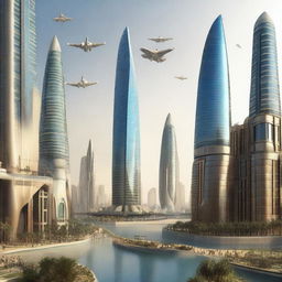 A futuristic vision of Baghdad in the year 3000 AD, featuring advanced skyscrapers, flying vehicles, and a blend of traditional and modern architecture